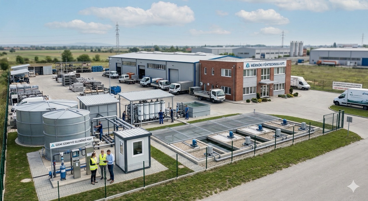 Ipari telephely környezetvédelmi infrastruktúrával és szennyvízkezelő rendszerrel, ahol szakértőink a jogszabályi megfelelőség és a fenntartható működés biztosításán dolgoznak.